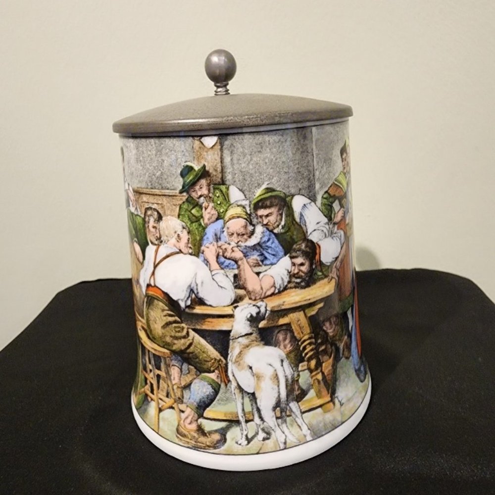 Vintage AK Kaiser Porcelain Beer Stein with Pewter lid - Arm Wrestling